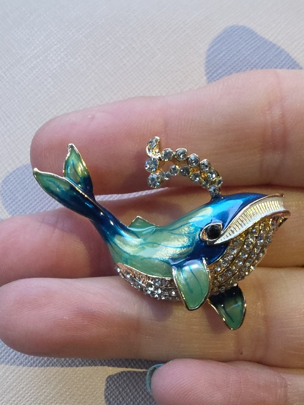 A73- Blue Green Whale Fish Brooch with Crystals